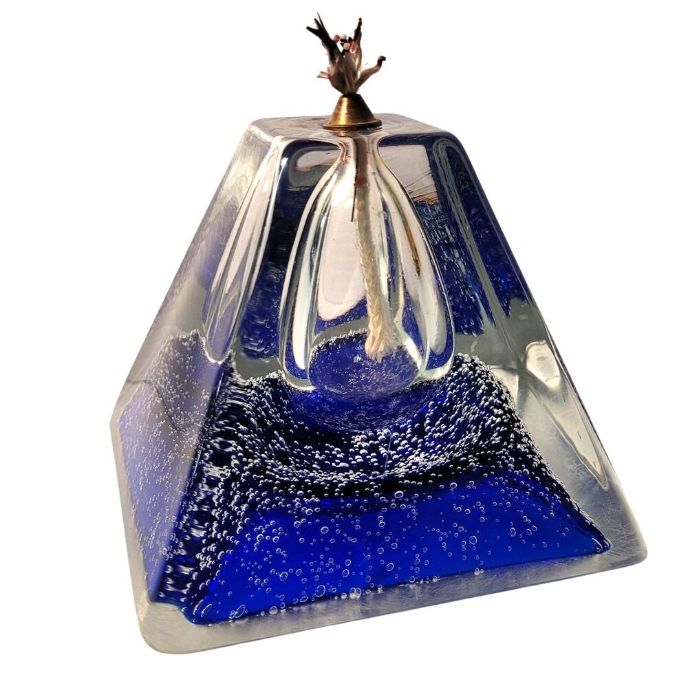 Oil Lamp Blue Controlled Bubble Hand Made Art Glass Poland Used Heavy